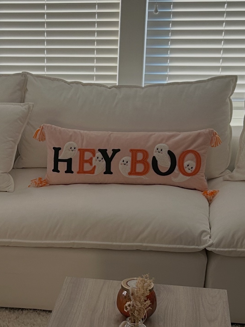 Home Goods “HEY BOO” Pink Halloween Ghost Throw Pillow w/ Black & Orange Accents